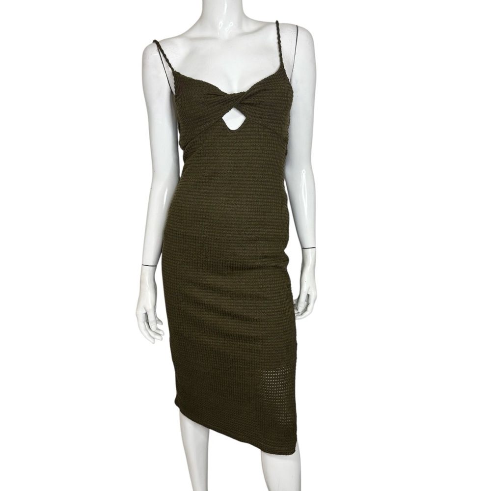 21 Saints Black Cut-Out‎ Front Spaghetti Strap Waffle Knit Bodycon Midi Dress